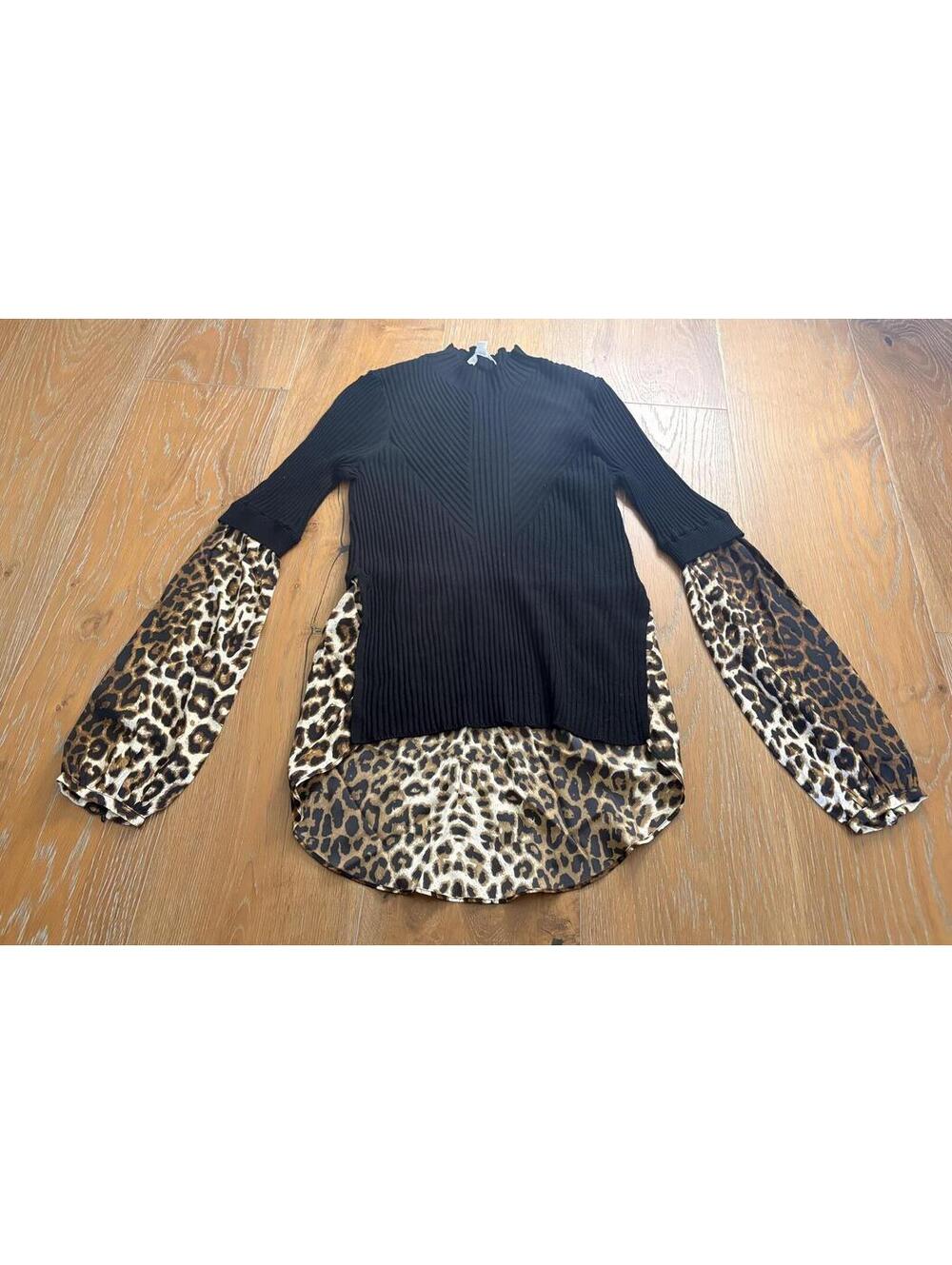 Veronica Beard Black Knit Leopard Print Sleeve Blouse Stylish XS